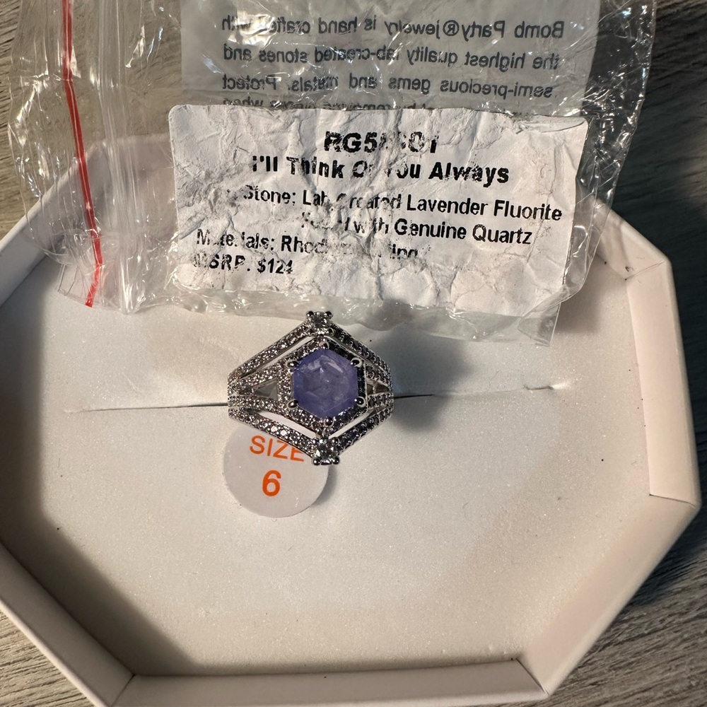 Lab Created Lavender Fluorite w/ genuine Quartz Ring- size 6